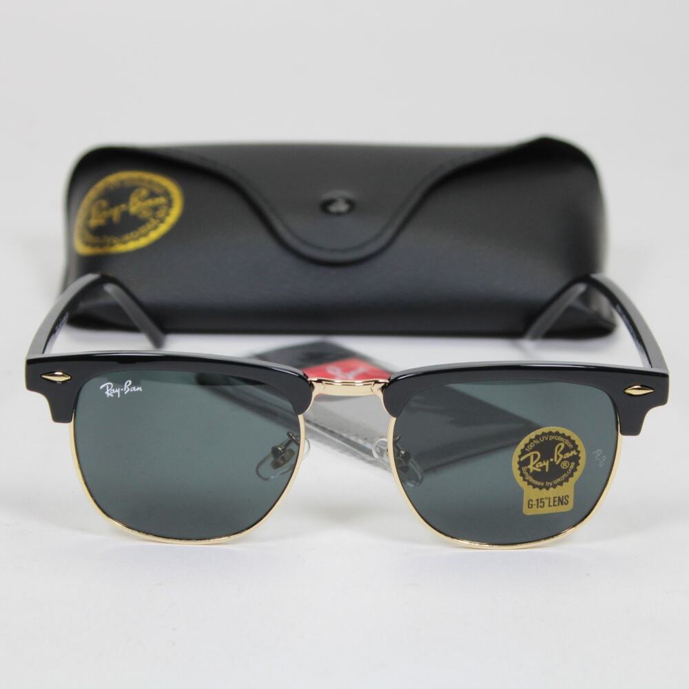 Ray-Ban RB3016 Clubmaster Marble Polished Black Gold Frame Dark Grey Lens 51mm